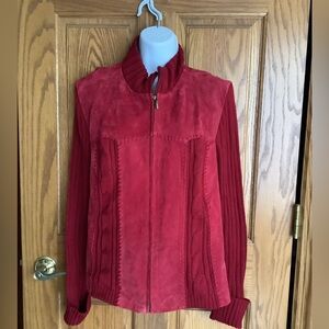 Suede and wool blend sweater.  Coldwater Creek PXL.  Deep red.